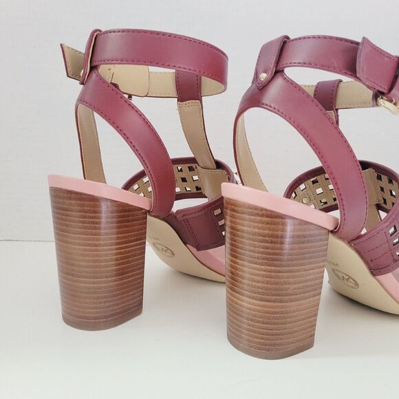 8.5 Women's MK MICHAEL KORS Burgundy Wine Ankle Strappy Block Heel Sandals - Picture 13 of 14